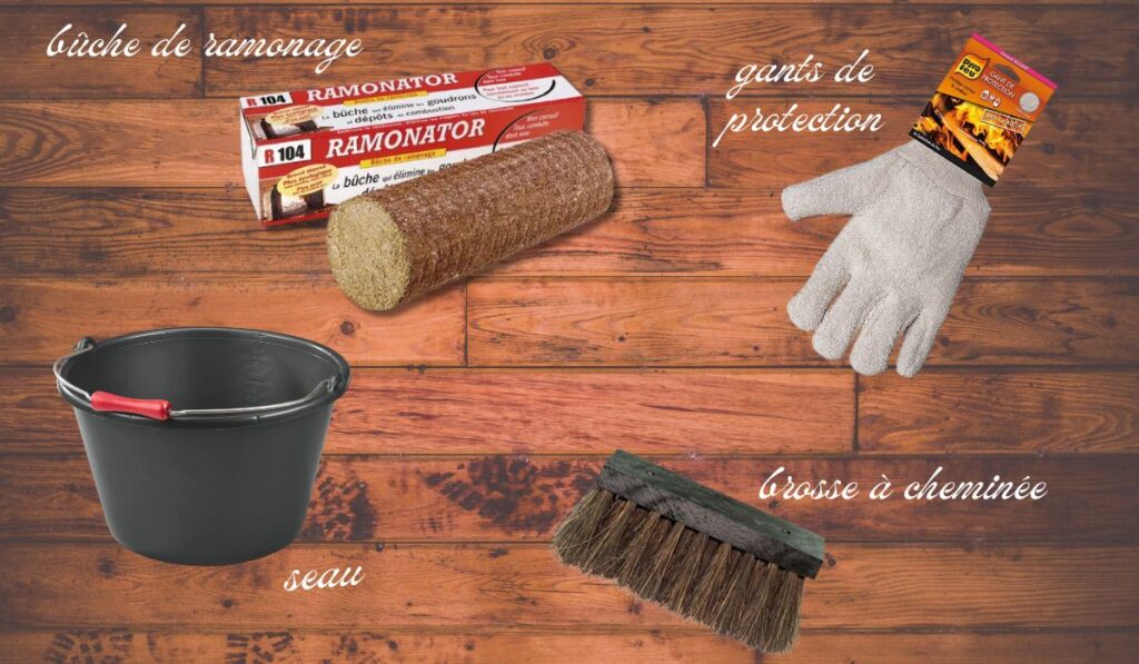 matériaux nécessaire équipement nettoyer poele a bois buche ramonage seau brosse cheminée gant de protection anti-feu