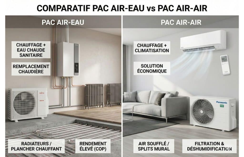 Infographie comparative en français illustrant les différences entre une Pompe à Chaleur (PAC) Air-Eau et une PAC Air-Air. La PAC Air-Eau est présentée comme une solution pour le chauffage et l'eau chaude sanitaire, idéale pour le remplacement de chaudière avec radiateurs ou plancher chauffant, offrant un rendement élevé. La PAC Air-Air est présentée comme une solution économique pour le chauffage et la climatisation, utilisant des splits muraux et offrant des fonctions de filtration et déshumidification de l'air.