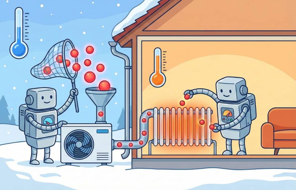 Schéma pédagogique illustrant le fonctionnement d'une pompe à chaleur captant les calories gratuites de l'air extérieur pour chauffer l'intérieur d'une maison.