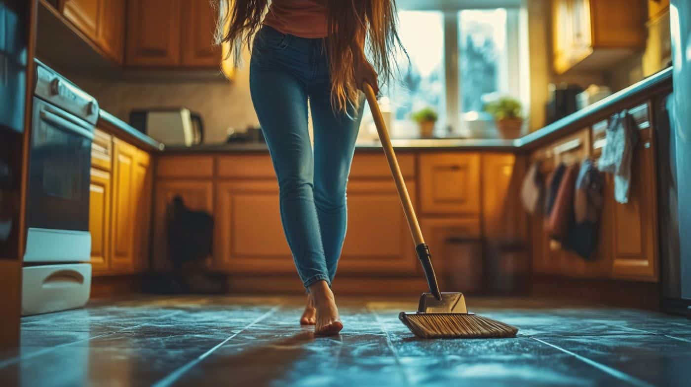 Nettoyage du sol de la cuisine au balai, sans produit menager industriel