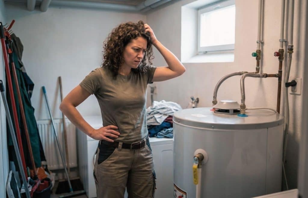 pensive et perplexe devant son ballon d'eau chaude en panne dans une buanderie, cherchant l'origine du problème.