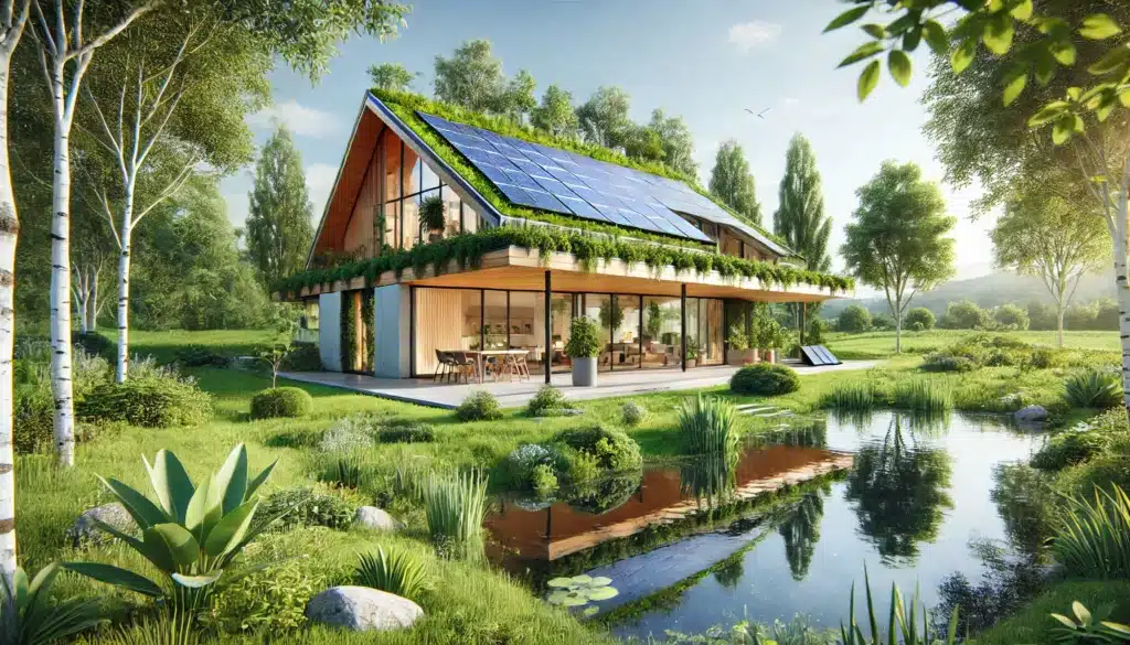 environnement naturel maison écologique panneau solaire etang foret jardin naturel