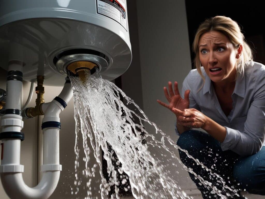 fuite ballon d'eau chauffe femme qui panique probleme installation réparateur sos