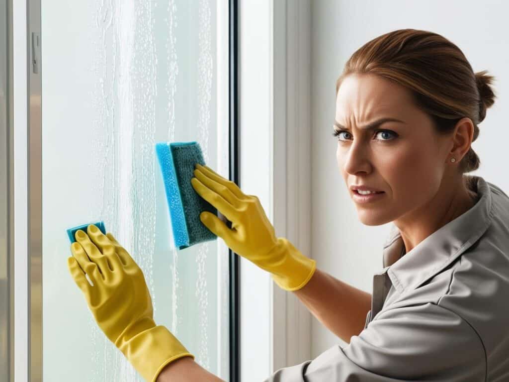 femme avec des gants de ménage nettoie la vitre de la douche avec eponge trace calcaire