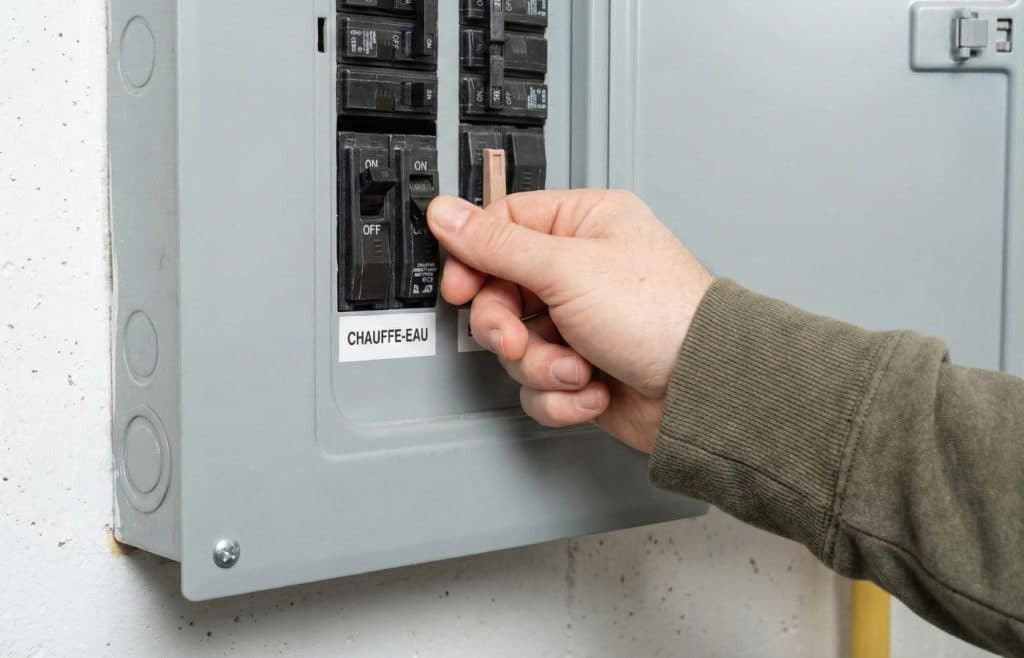 doigt d'homme réenclenchant le disjoncteur du ballon d'eau chaude sur le tableau électrique de la maison suite à une panne.