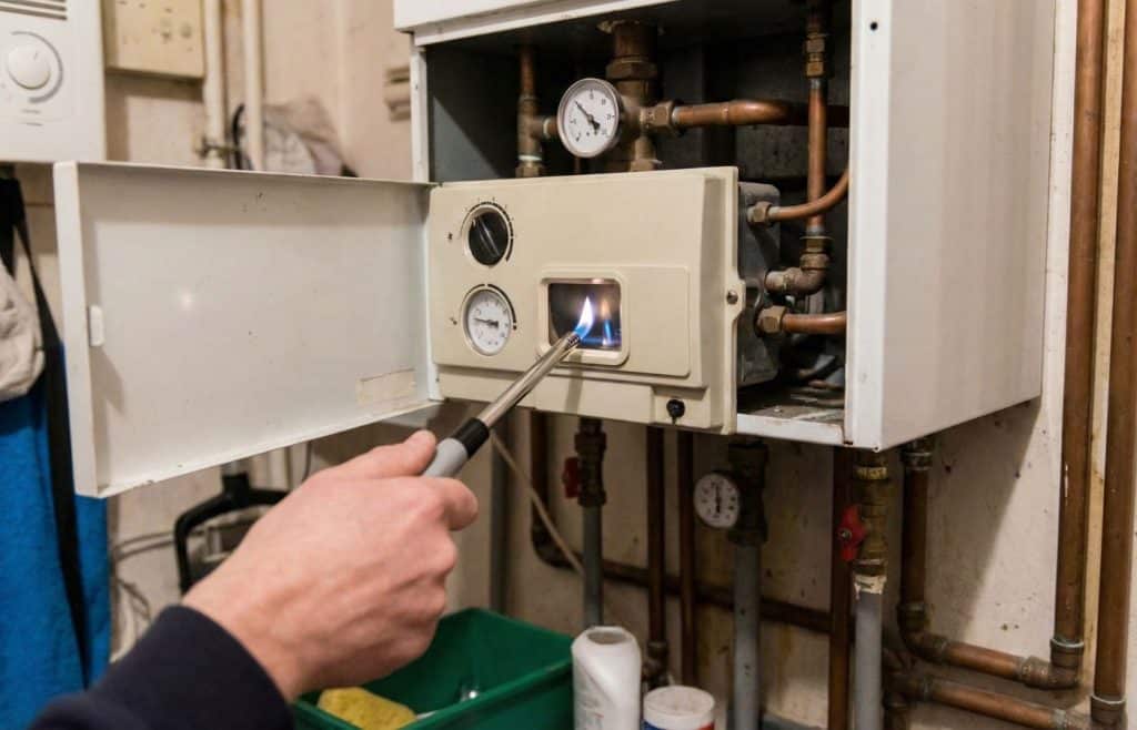 Main utilisant un briquet long pour tenter de rallumer la veilleuse (petite flamme) à travers le hublot d'une chaudière à gaz murale ancienne.