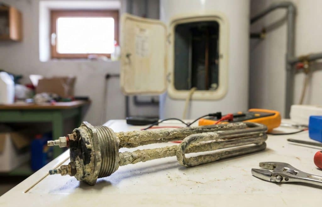 Vue rapprochée d'une résistance de chauffe-eau électrique totalement recouverte de calcaire et de tartre, posée sur un établi à côté d'un multimètre.