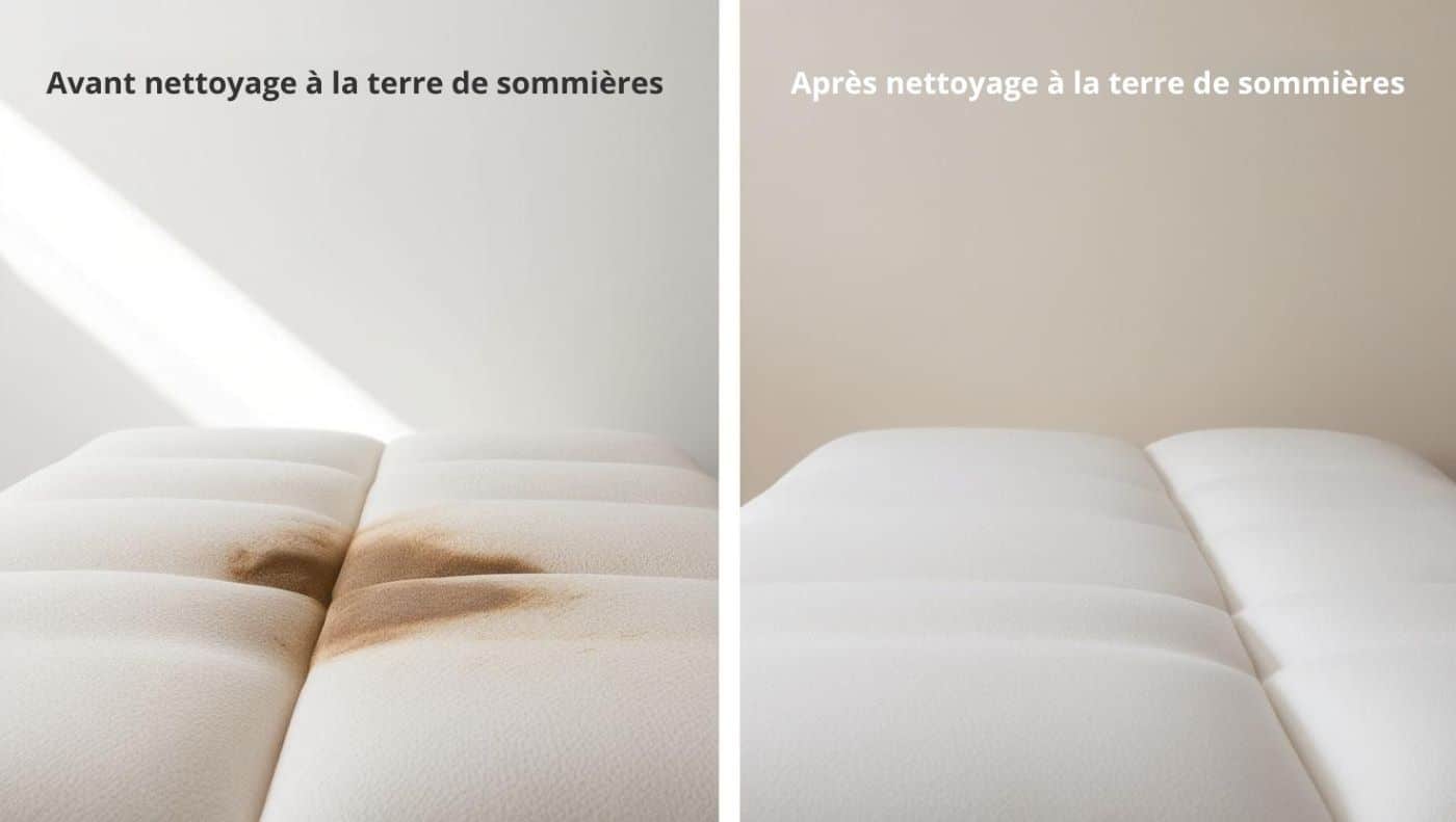 vue divisée en deux parties d'un matelas : une moitié avec une tache visible, l'autre moitié nettoyée et impeccable après utilisation de la terre de Sommières