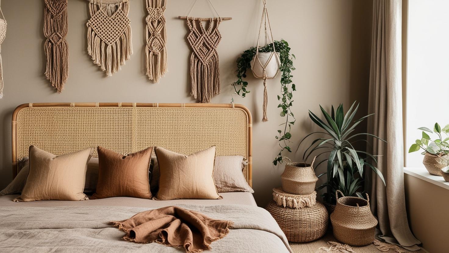 chambre beige et taupe avec une touche bohème, mélangeant matières naturelles et déco artisanale.
Un grand lit avec une tête de lit en rotin, accompagné de coussins en lin et de rideaux fluides.
Des suspensions en macramé, des paniers en osier style boheme chambre adulte decoration