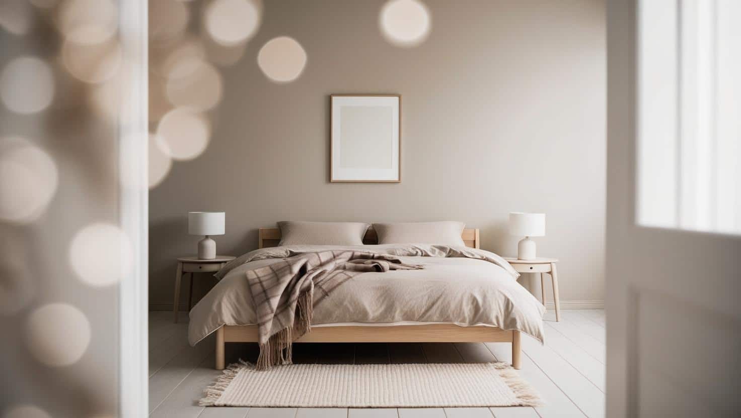 Chambre Minimaliste Beige & Taupe – Inspiration Scandinave meubles en bois clair et une déco minimaliste tapis laine écru cadre mur