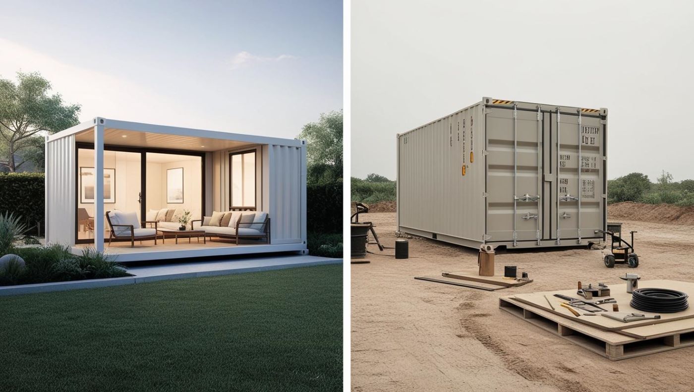 composition visuelle en split-screen. À gauche, une maison container clé en main moderne avec jardin et mobilier extérieur. À droite, un container brut livré sur un terrain, avec des outils et des matériaux prêts pour un assemblage en kit