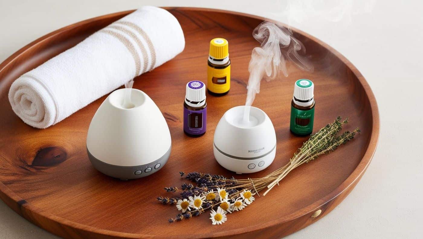 plateau en bois contenant :

Trois petits flacons d’huiles essentielles (citron, lavande, tea tree).
Une serviette blanche roulée et quelques fleurs séchées.
Un diffuseur d’huiles essentielles actif, libérant une fine vapeur