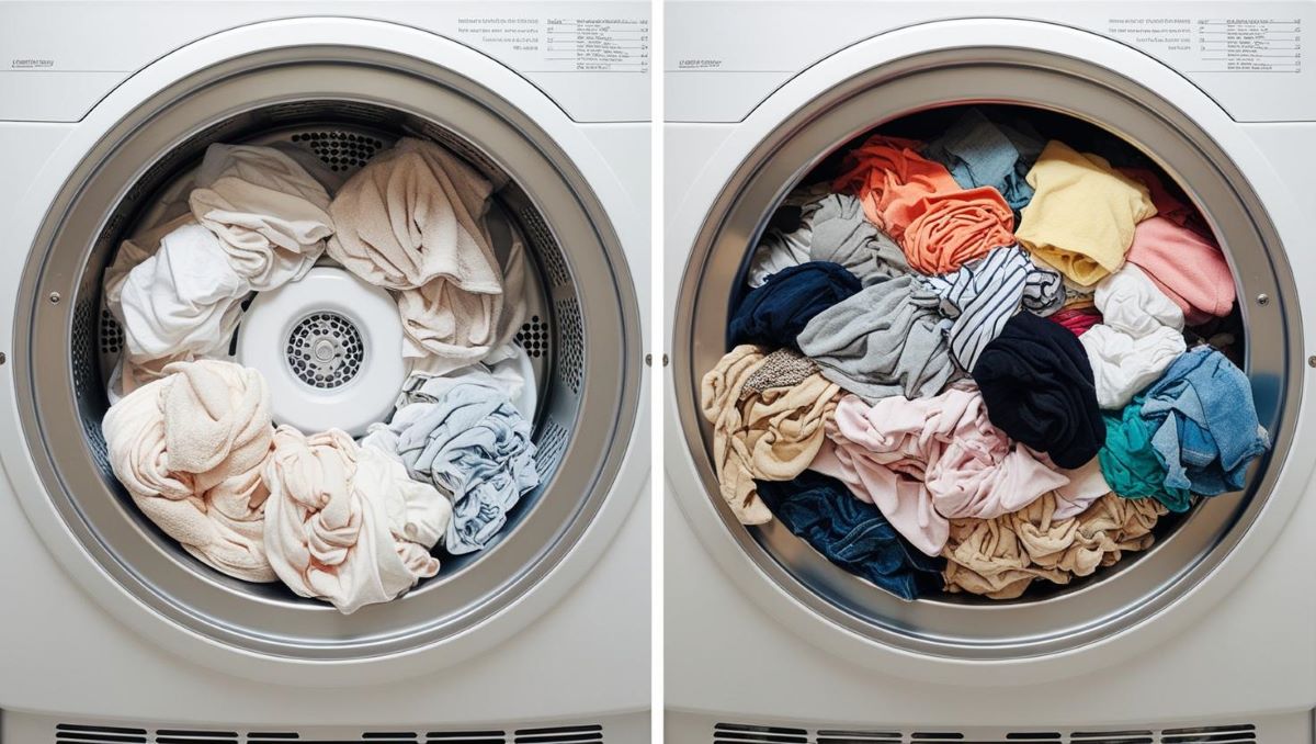 image en split-screen montrant un sèche-linge bien chargé (avec de l’espace pour la circulation de l’air) VS un sèche-linge trop plein (linge tassé et froissé)