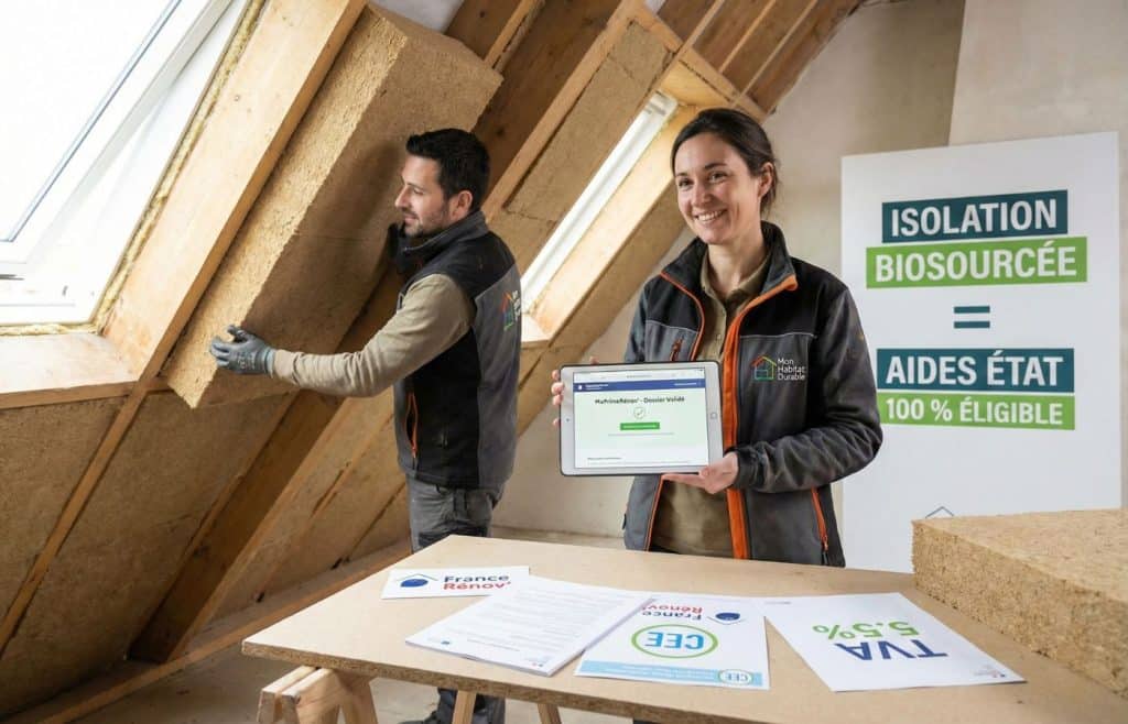 tablette affichant l'éligibilité aux aides MaPrimeRénov' 2026 pour l'isolation biosourcée. En arrière-plan, un artisan pose des panneaux de fibre de bois dans des combles, avec des documents explicatifs sur les CEE et la TVA à 5,5%