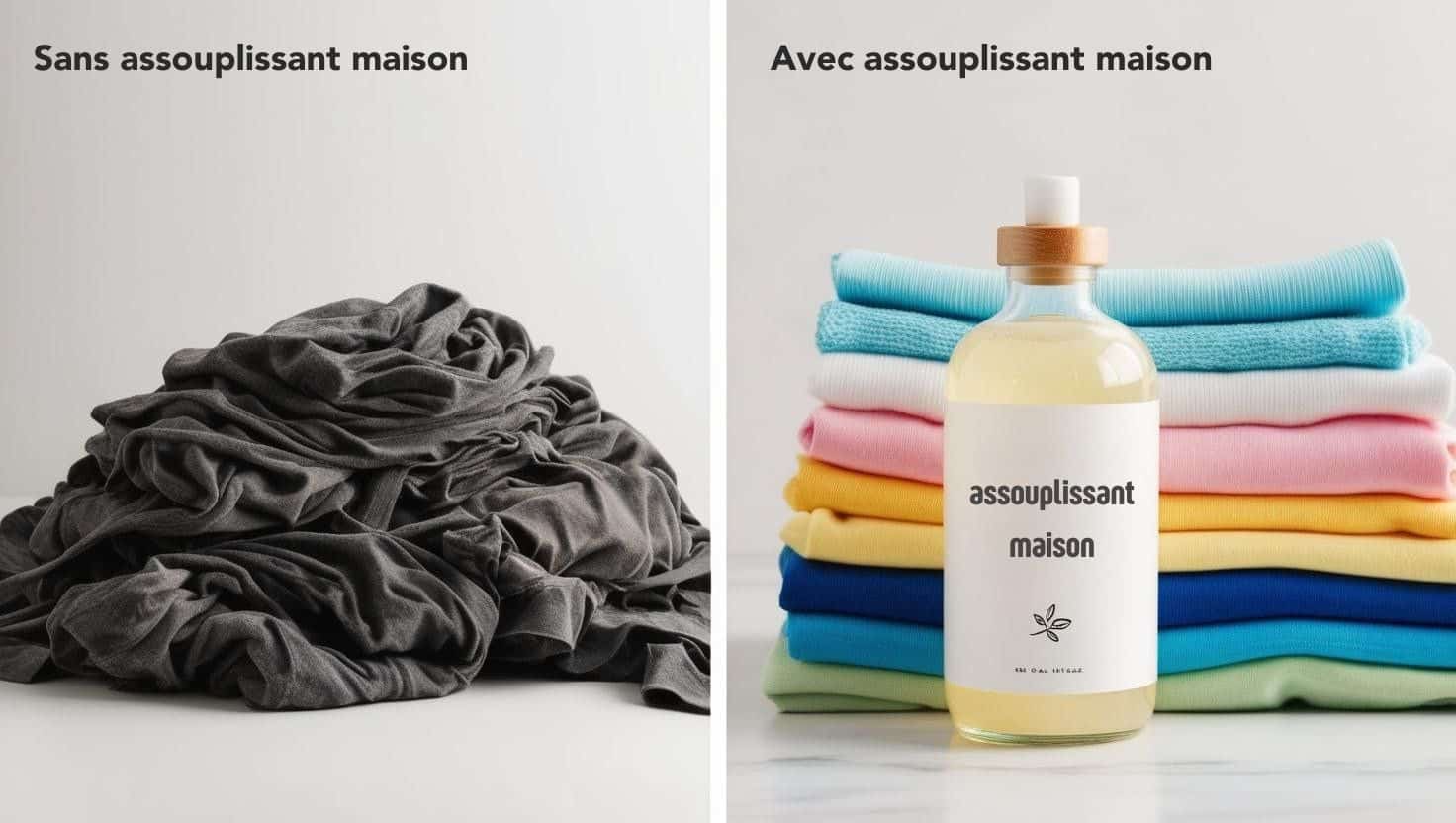 À gauche : Des vêtements froissés et ternes dans une pile, symbolisant l’absence d’assouplissant.
À droite : Les mêmes vêtements parfaitement pliés, propres et éclatants, accompagnés d’une bouteille d’assouplissant maison pour indiquer le résultat. Le contraste entre les deux parties met en valeur l’efficacité du produit