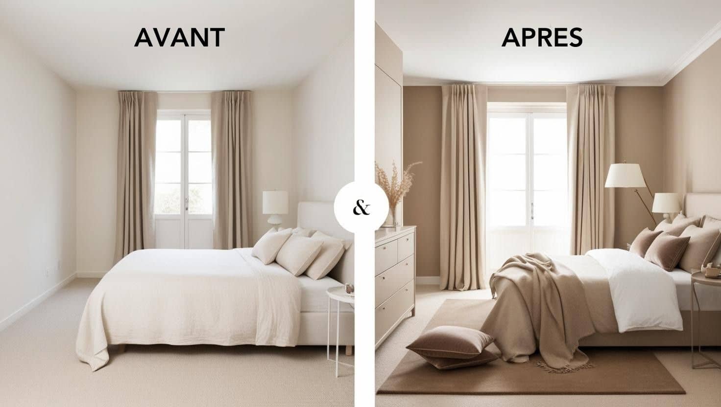 Avant/Après : Transformer une Chambre Neutre en un Espace Chic Beige & Taupe rénovation déco rideaux élégants, nouveaux coussins, éclairage travaillé, tapis chaleureux