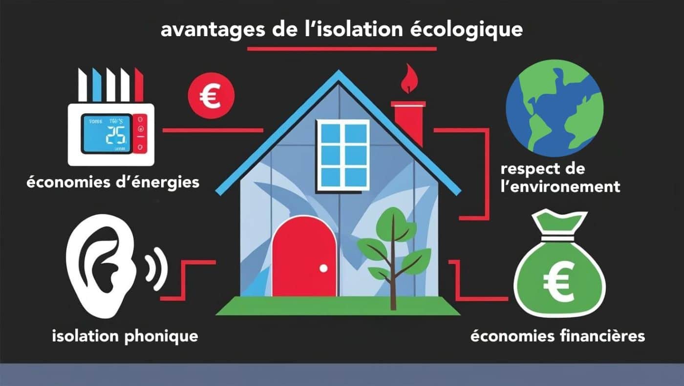 infographie montrant des icônes représentant les avantages de l’isolation écologique : une maison avec un thermostat pour l’économie d’énergie, un globe pour le respect de l’environnement, une oreille barrée pour l’isolation phonique, et un sac avec un symbole "€" pour les économies financières