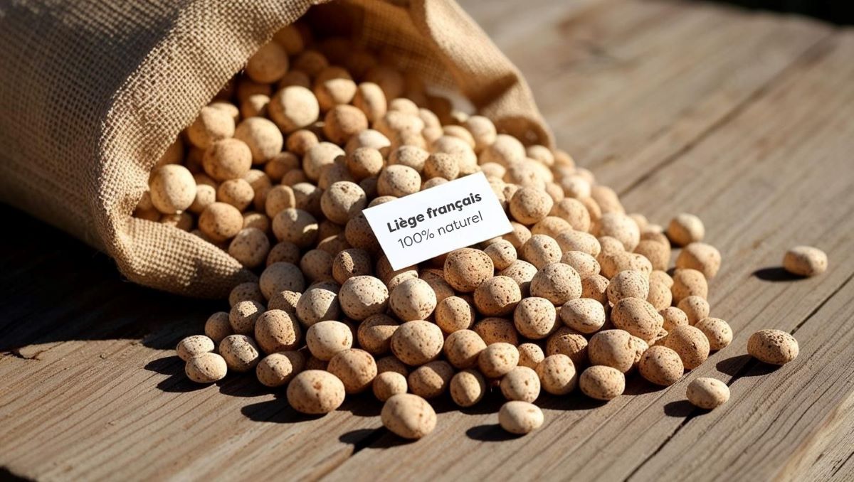 sac de granulés de liège ouverts, avec des granulés éparpillés sur une surface en bois. L’image met en évidence la texture naturelle du liège et son caractère renouvelable. En arrière-plan, une petite étiquette mentionne "Matériau français 100% naturel"