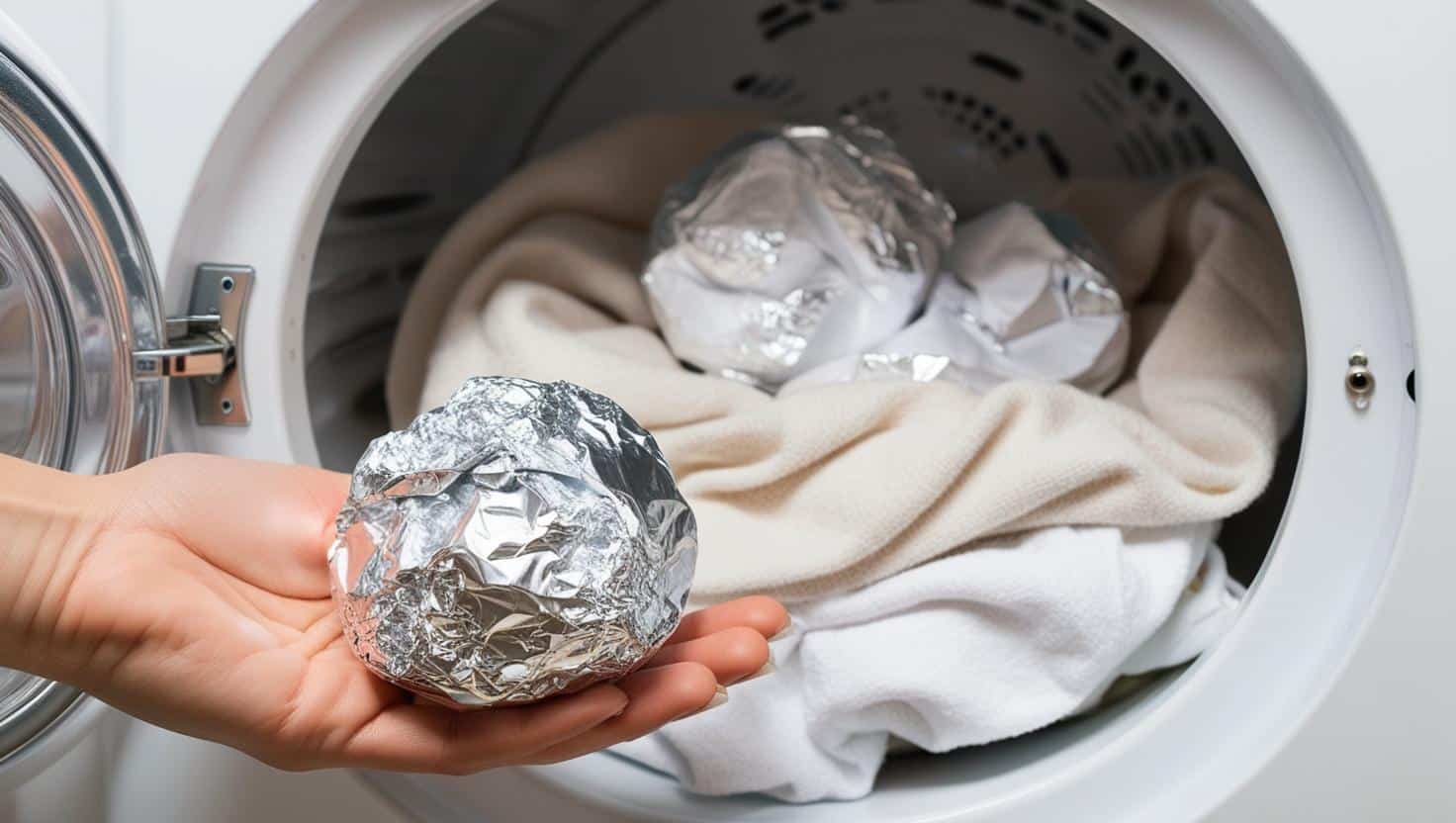 Gros Plan : Boules de Papier Aluminium dans le Sèche-Linge main tenant une boule d’alu prête à être mise dans un sèche-linge ouvert, avec des vêtements visibles à l’intérieur