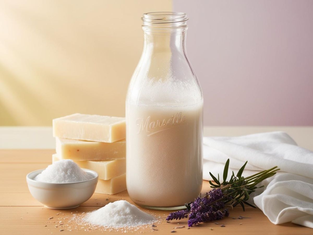 lessive maison qui ne durcit pas : bouteille en verre de lessive liquide fluide entourée d'ingrédients naturels