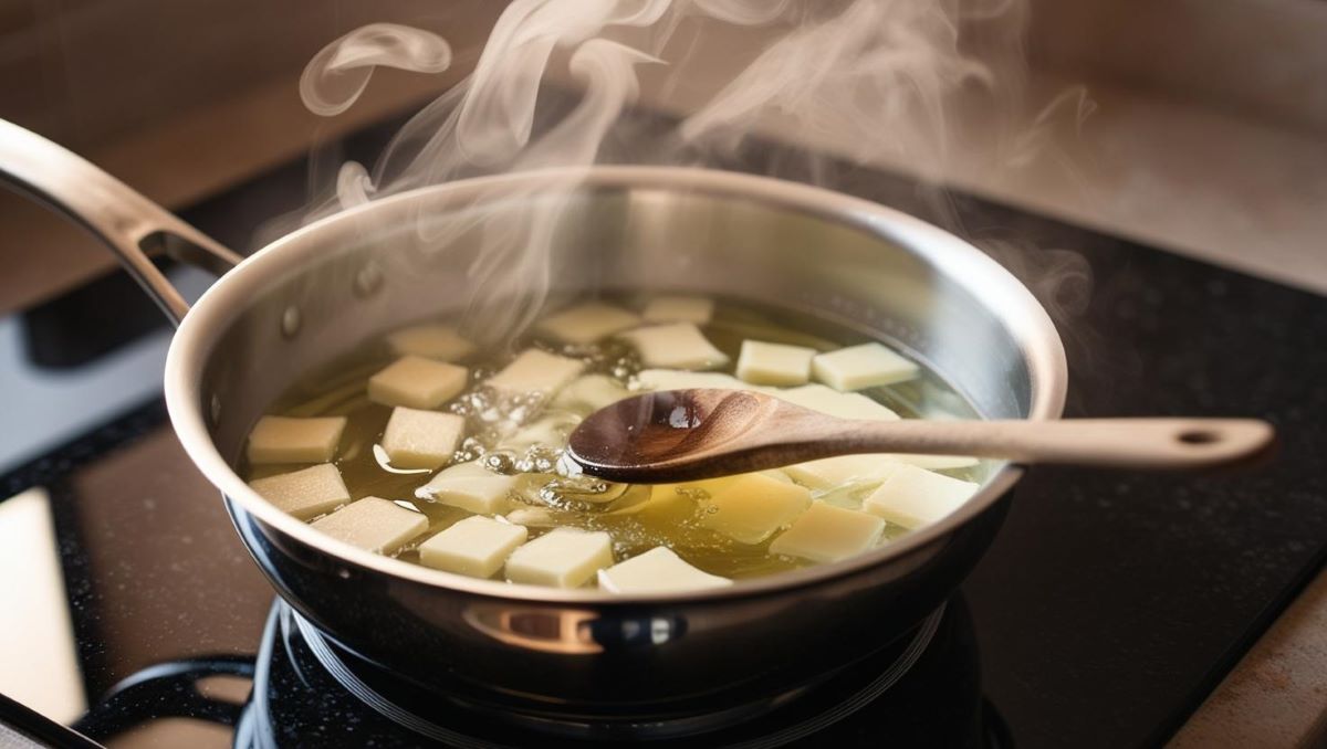 casserole en inox posée sur une plaque de cuisson, contenant de l’eau chaude et du savon de Marseille en train de fondre. Une cuillère en bois remue doucement le mélange