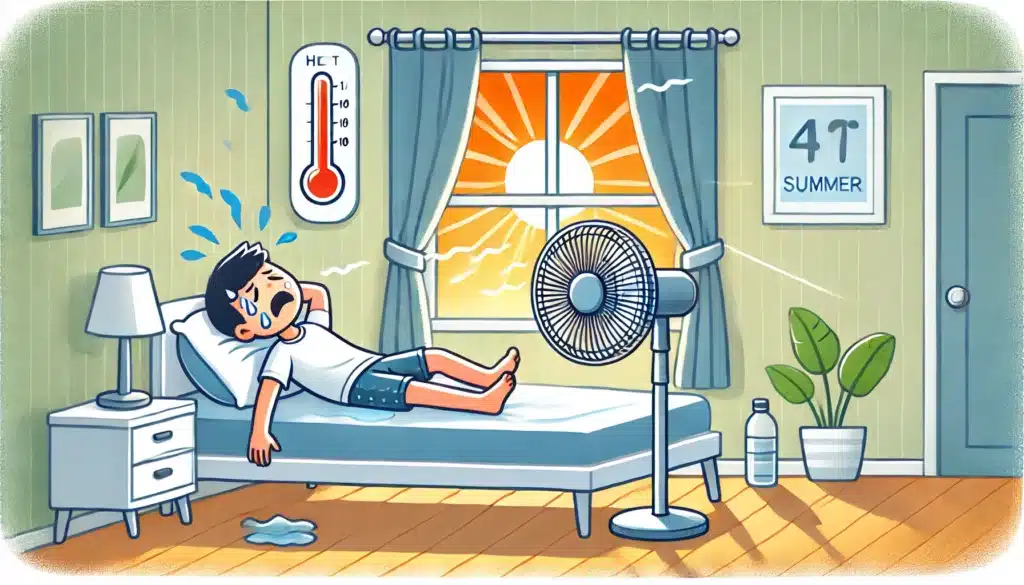 illustration représentant une personne ayant trop chaud dans sa chambre en été, malgré l'utilisation d'un ventilateur