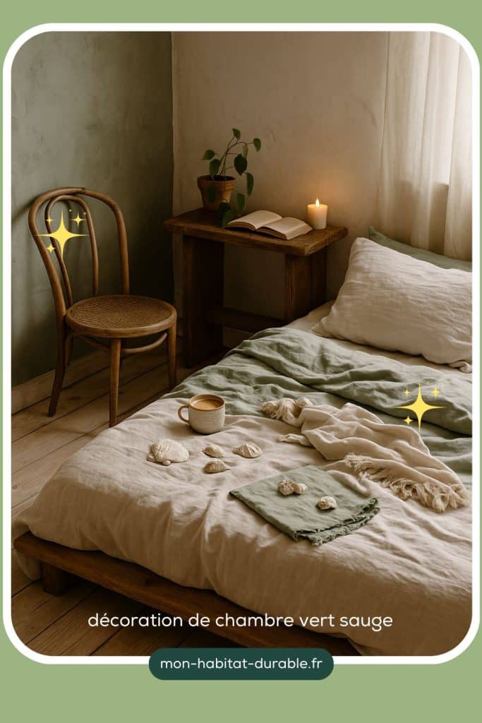 chambre coastal wabi sabi vert sauge bois et lin déco vintage chambre lit moderne