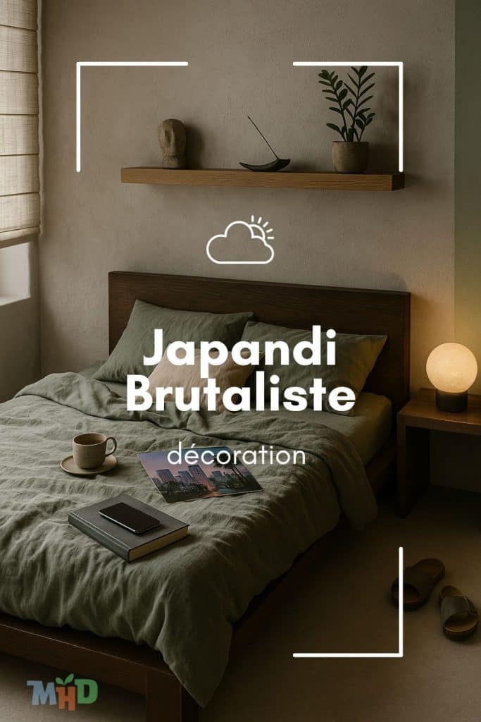 chambre vert sauge lit housse couette verte décoration japandi brutaliste