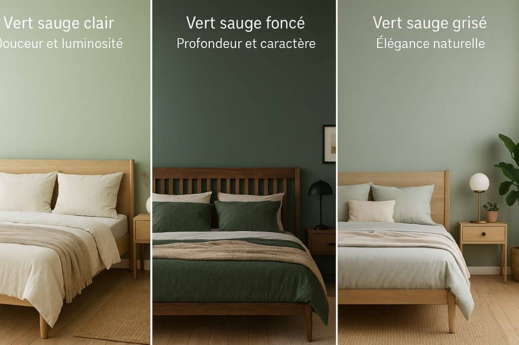 Comparatif visuel de trois chambres avec murs vert sauge clair, foncé et grisé, chacune décorée avec du mobilier en bois pour illustrer les différentes ambiances