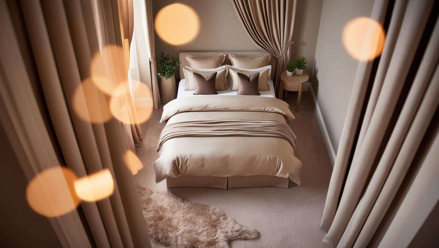 chambre élégante beige et taupe, avec une lumière douce et une déco soignée.
Un lit avec une parure beige et des coussins taupe rideaux fluides, tapis moelleux, table de chevet en bois clair