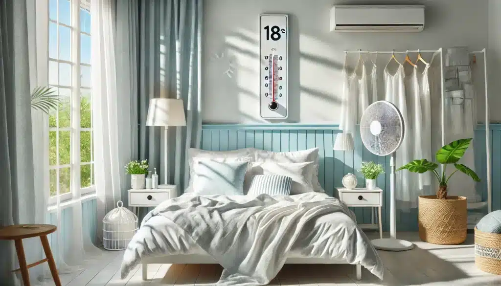 chambre lit brise legere fraicheur temperature pièce lumineuse avec des rideaux occultants fermés, un ventilateur ou un climatiseur en arrière-plan, et un thermomètre affichant 18°C, évoquant un confort estival