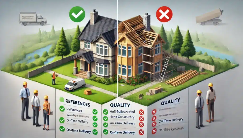 constructeur fiable et un constructeur peu fiable, avec des icônes vertes (✔️) et rouges (❌) pour souligner les différences sur les critères clés tels que la qualité et les délais