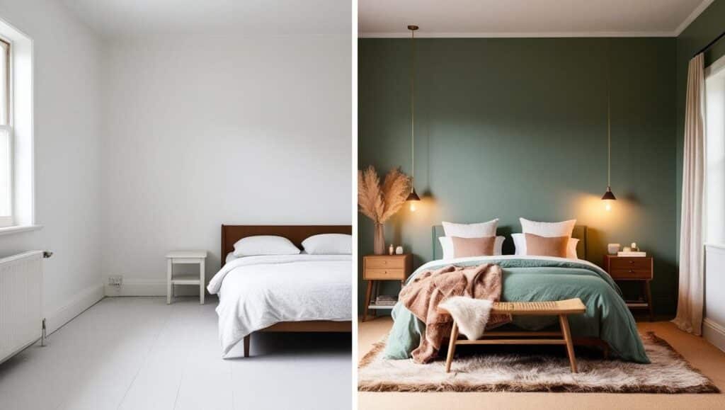 images en split screen montrant une chambre avant (mur blanc, mobilier froid) et après (mur vert sauge, mobilier en bois, éclairage chaleureux)