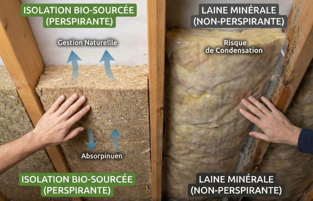 Schéma technique comparant la gestion de l'humidité : à gauche, un isolant biosourcé perspirant qui laisse évacuer la vapeur d'eau ; à droite, une laine minérale non-perspirante montrant des signes de condensation et d'humidité emprisonnée.