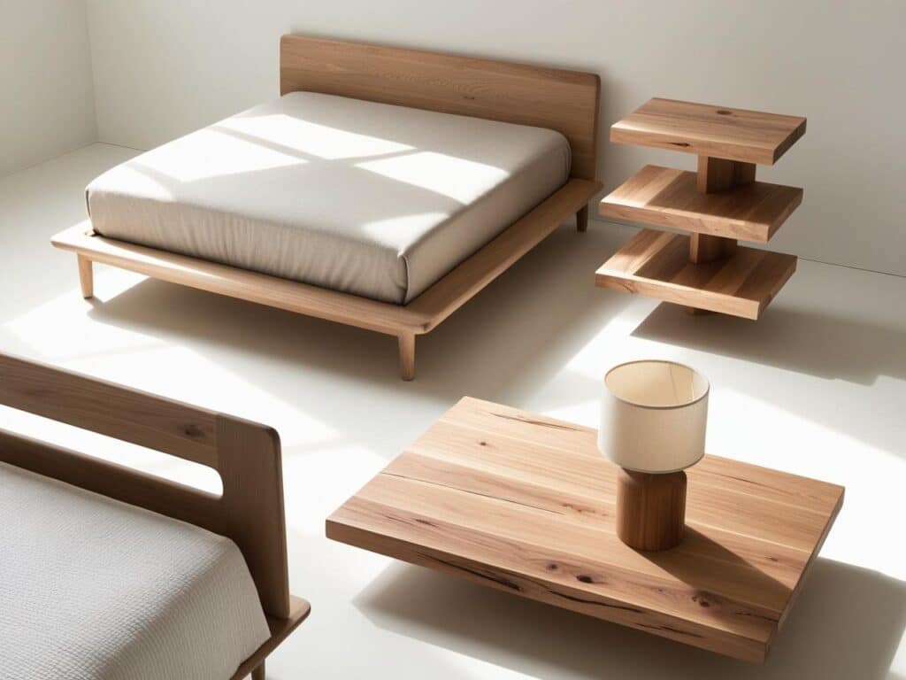 élection de meubles en bois adaptés à une chambre vert sauge composition flat lay (prise de vue au-dessus) montrant plusieurs meubles tendances :

Lit en bois clair avec tête de lit minimaliste
Table de chevet en bois massif
Étagères flottantes en bois recyclé
Lampe de chevet avec pied en bois