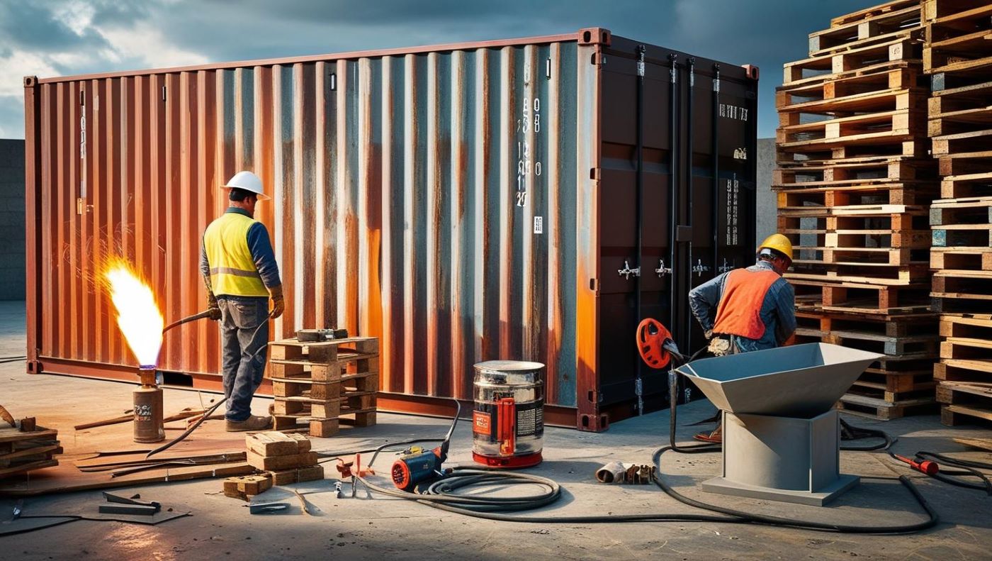 container maritime brut en cours de transformation, entouré d’outils de construction (chalumeau, palettes, bétonnière). Un ouvrier avec un casque inspecte les travaux