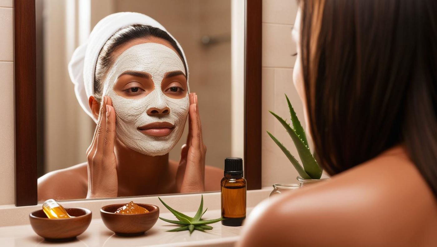 femme appliquant un masque facial au Khamaré devant un miroir, avec des produits naturels autour (miel, huile essentielle, aloe vera) soin beauté cosmétique