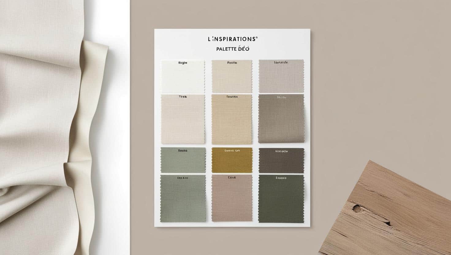 Assortiment de Couleurs Complémentaires – L’Inspirations Palette Déco nuancier beige + blanc cassé, taupe + vert sauge, beige + or, taupe + bois brut