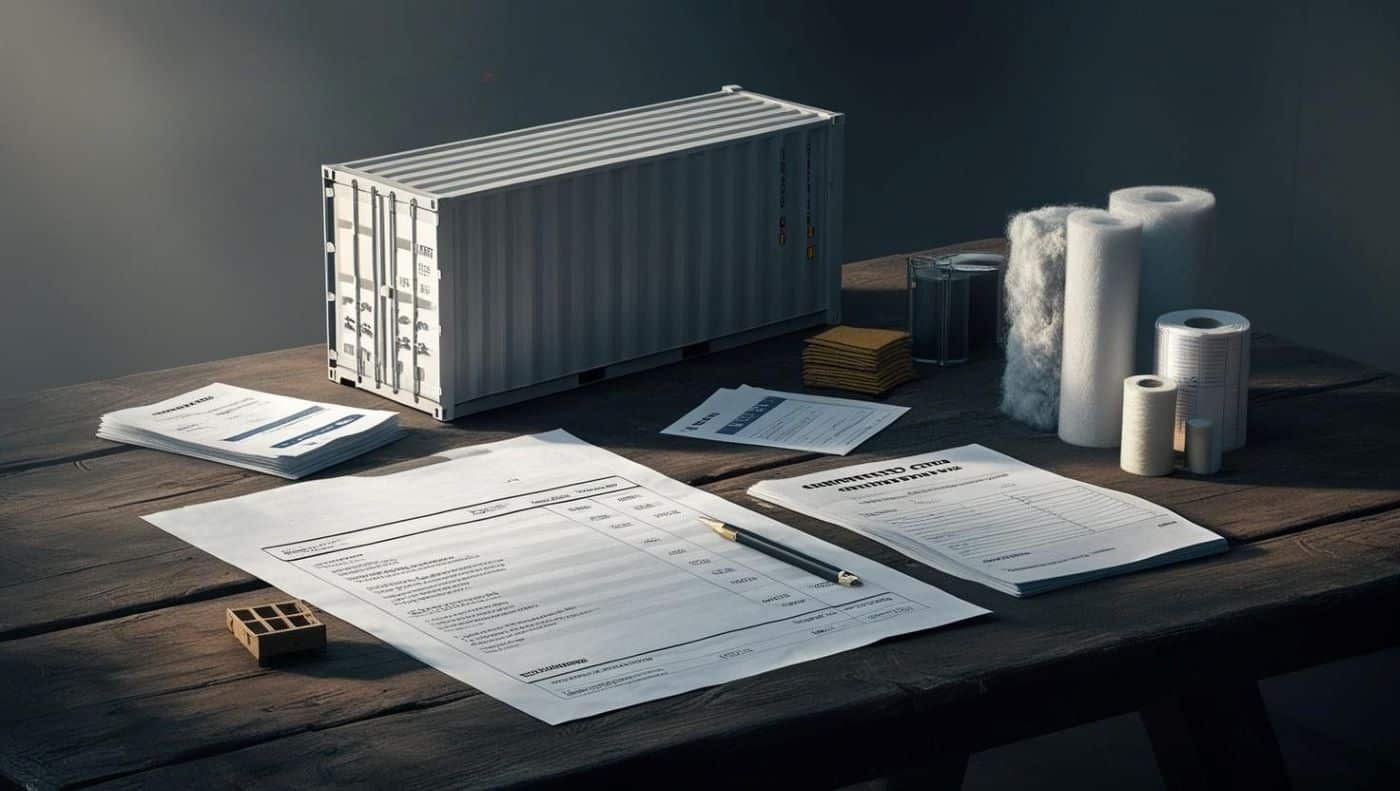 scène montrant une facture ou un devis posé sur une table, entouré d’éléments qui illustrent les coûts imprévus : transport d’un container, permis de construire, et isolation spécifique