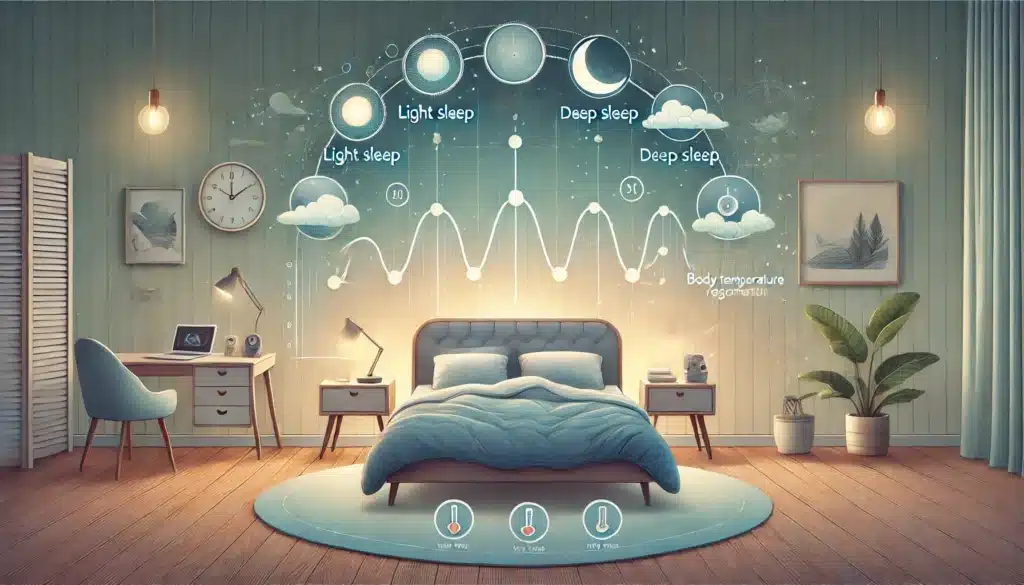 infographie montrant les phases du sommeil et leur corrélation avec la diminution de la température corporelle, avec une chambre en arrière-plan