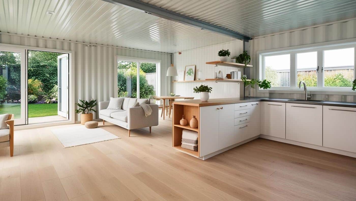 pièce lumineuse avec un style scandinave : parquet en bois clair, mobilier minimaliste (canapé, étagères, cuisine ouverte), et une grande baie vitrée. Le plafond en métal rappelle l’origine du container