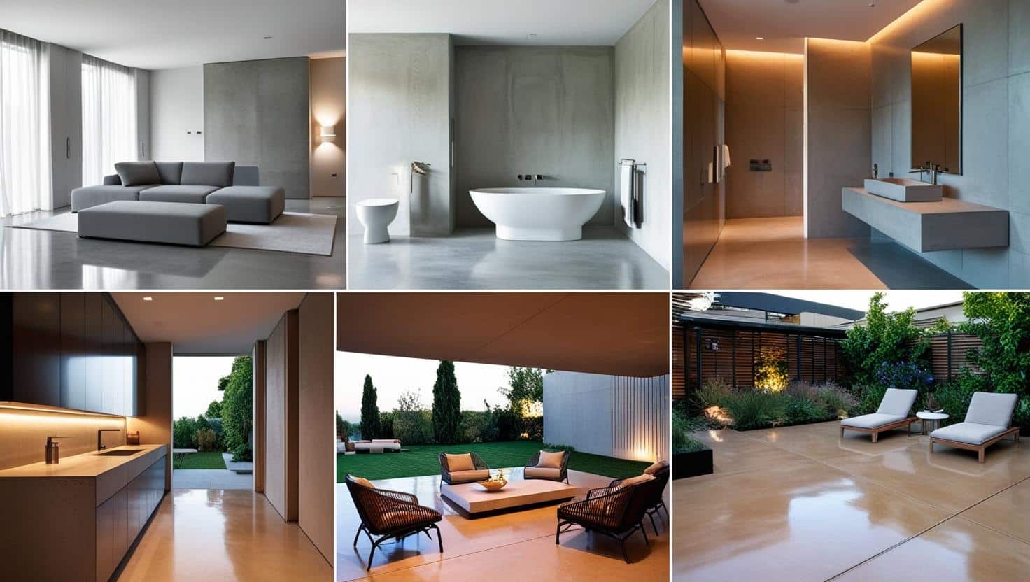 Sol béton ciré salon ultra moderne
Mur en béton ciré dans une salle de bain élégante
Plan de travail en béton ciré dans une cuisine design
Terrasse extérieure en béton ciré avec mobilier de jardin