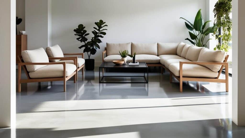 salon contemporain lumineux, avec un sol en béton ciré gris clair, des meubles minimalistes en bois et des touches de verdure (plantes d’intérieur). Un grand canapé en lin beige, une table basse en métal noir et des objets déco modernes pour un rendu chaleureux. L’éclairage naturel met en valeur la texture du béton ciré, qui apporte une ambiance élégante et épurée