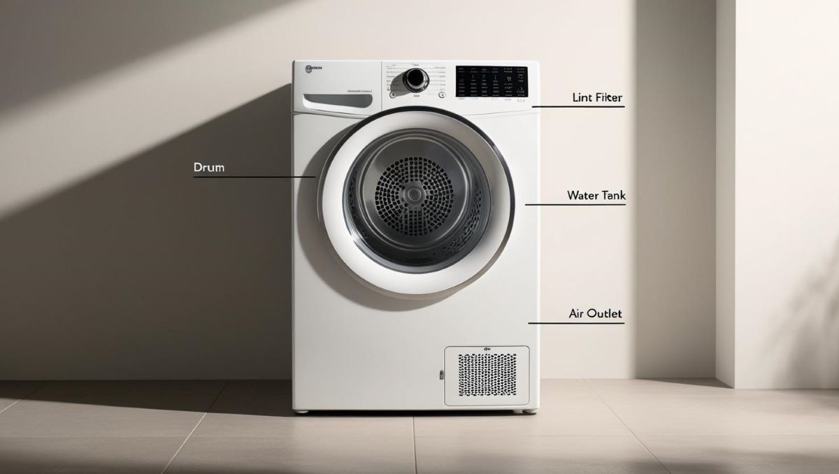 Image d’un sèche-linge bien entretenu avec les parties clés mises en avant description machine appareil en anglais