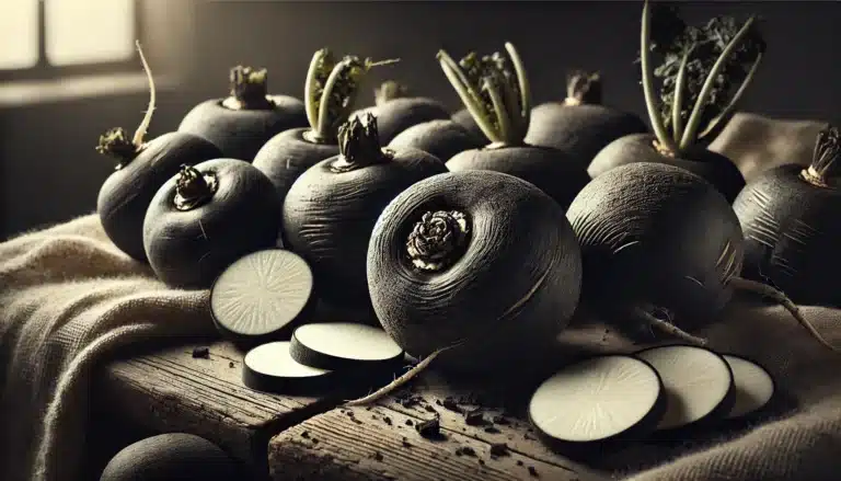 détails radis noir bon pour la santé plan de travail cuisine découpe radis noirs entiers et tranchés, mettant en valeur leur peau sombre et leur intérieur blanc sur une table en bois rustique