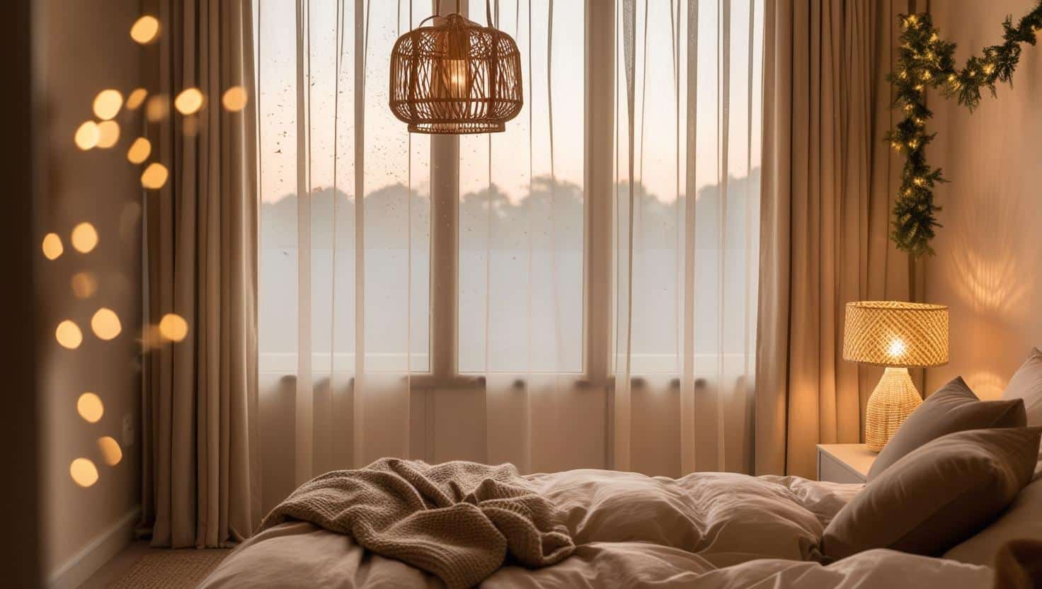 Lumières et Ambiance : L’Impact de l’Éclairage sur une Chambre Beige & Taupe rideaux légers voilage guirlande led lampe suspendue rotin chaude