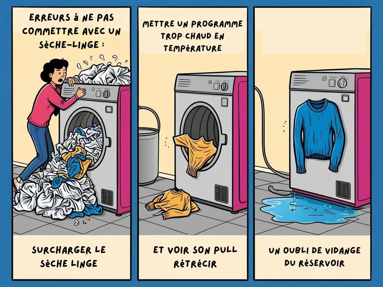 Erreurs à ne pas commettre avec un sèche-linge
📌 Description : Une bande dessinée en 3 cases représentant des erreurs courantes :

Une personne surcharge le sèche-linge avec une montagne de linge 🤯
Un pull trop petit après un séchage trop chaud 😂
Un oubli de vidange du réservoir et une flaque d’eau sous l’appareil 💦