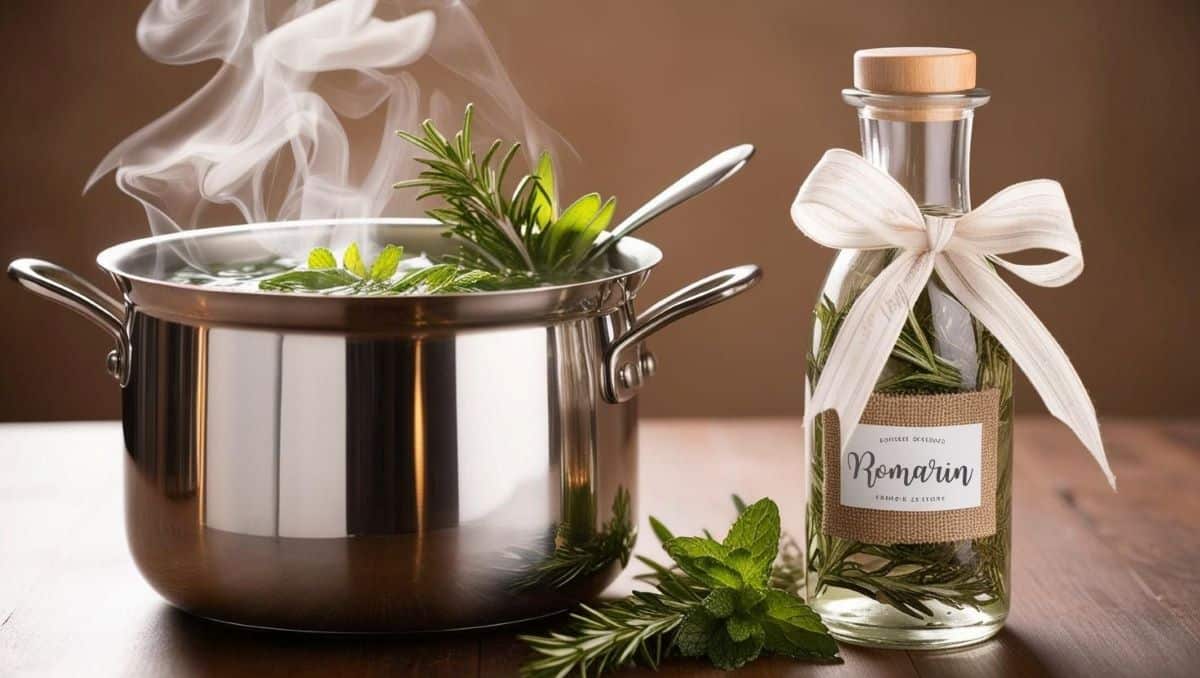 casserole en acier inoxydable avec de l’eau frémissante, des branches de romarin et des feuilles de menthe infusant à l’intérieur. À côté, un flacon vide prêt à accueillir l’infusion, avec des étiquettes décoratives