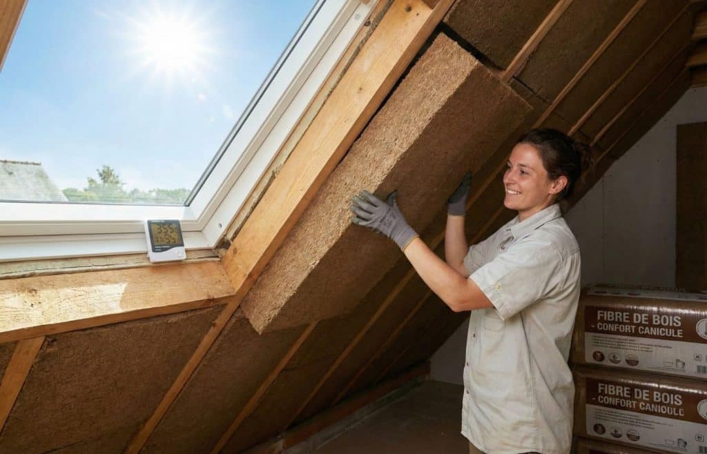 Pose de panneaux de fibre de bois dans les rampants d'un comble par Elise Durant. Cet isolant biosourcé haute densité est utilisé pour son excellent déphasage thermique afin de protéger la maison contre la canicule.
