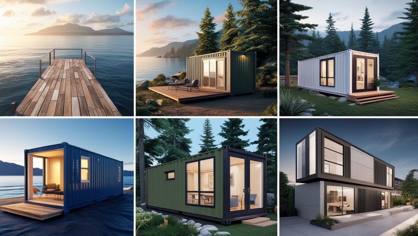 collage d’images montrant des maisons containers dans divers cadres : au bord de la mer, en montagne, et en milieu urbain. Chaque maison a un design unique pour illustrer la modularité et l’adaptabilité